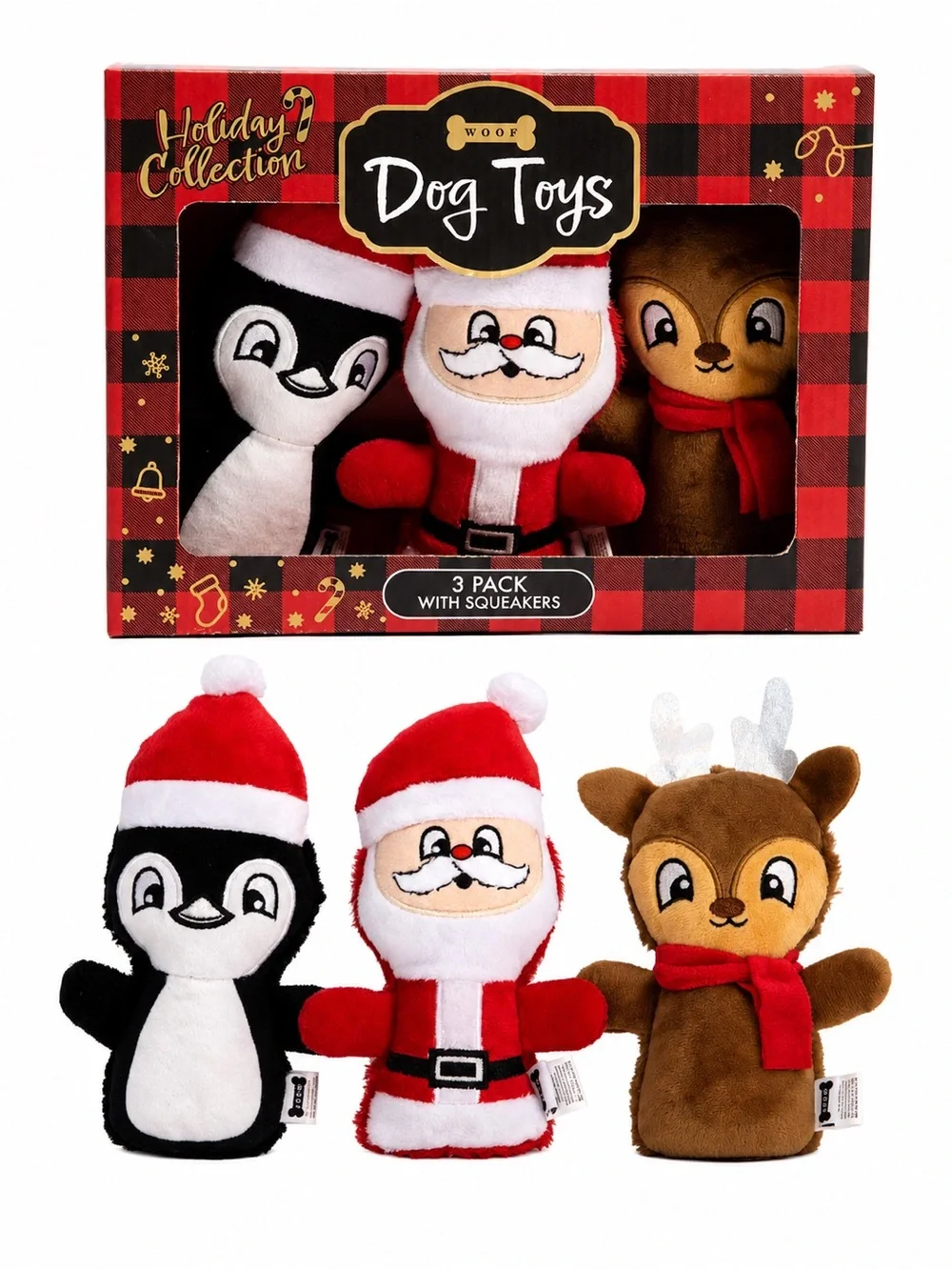 Woof Holiday Dog Toys 3-Pack | Santa Penguin Reindeer Squeaker Toys  NIB